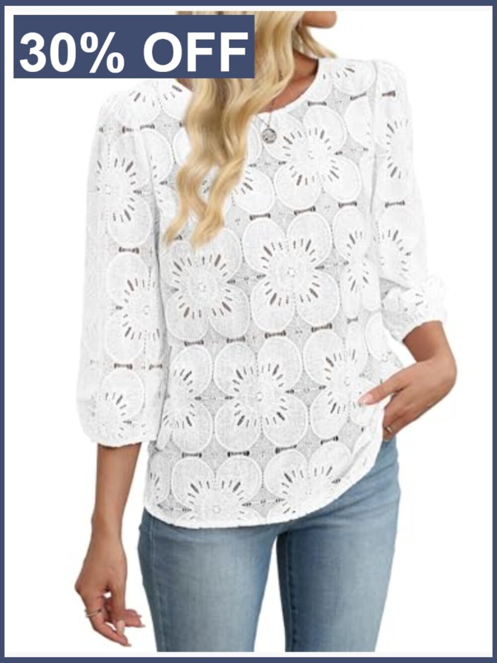 Women's 3/4 Sleeve Eyelet Lace Peasant Blouse Dressy Casual Top - Picture 4 of 7
